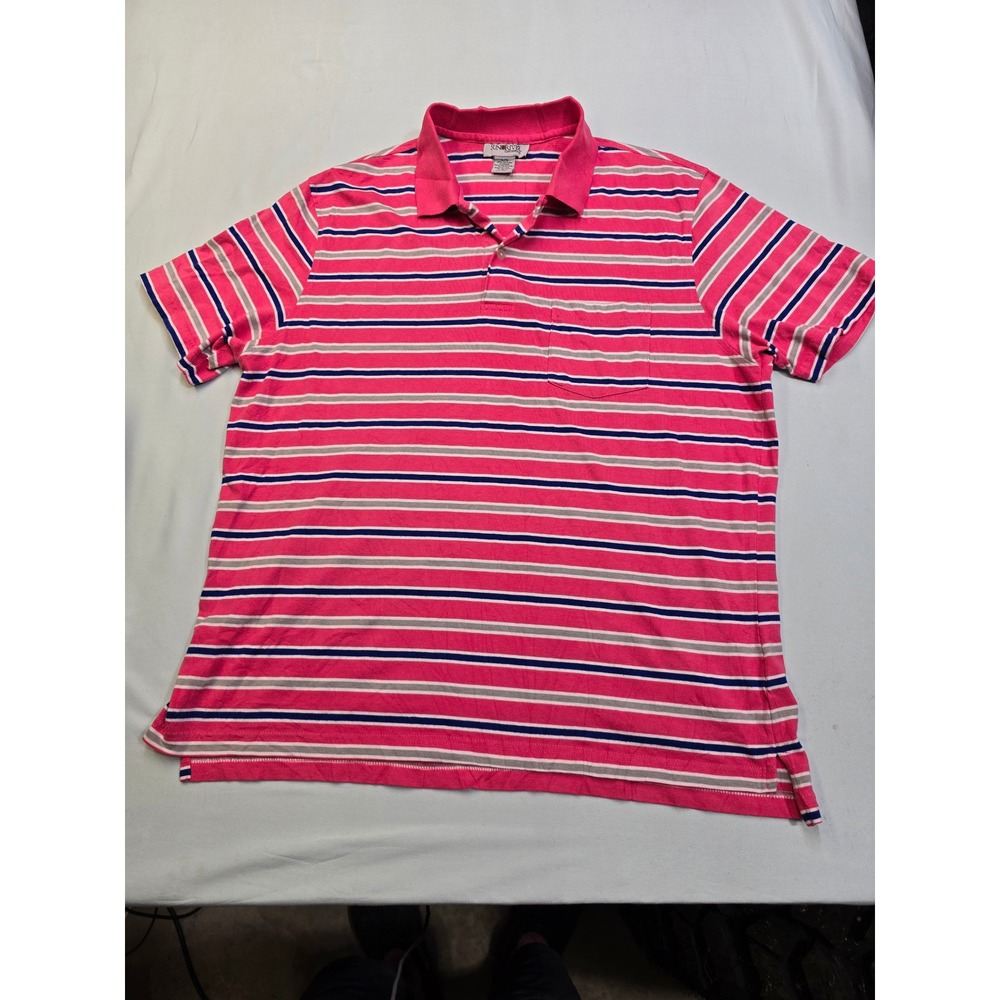 Sun‎ River Clothing Co Mens Large Pink Striped Short Sleeve Pocket Polo Shirt L